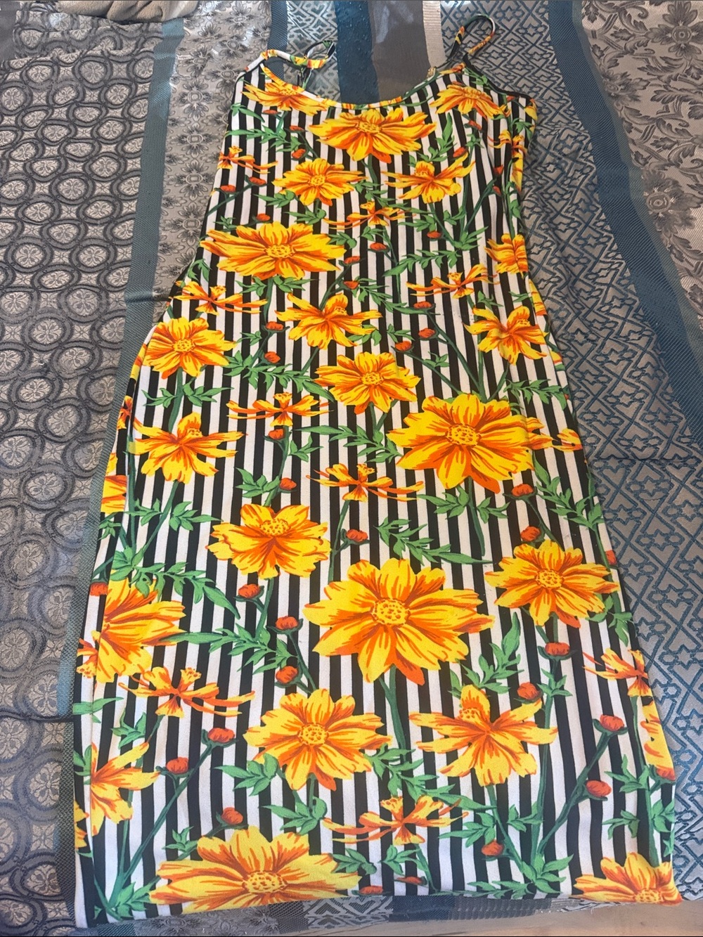 Yellow Floral Stripe Midi Skirt